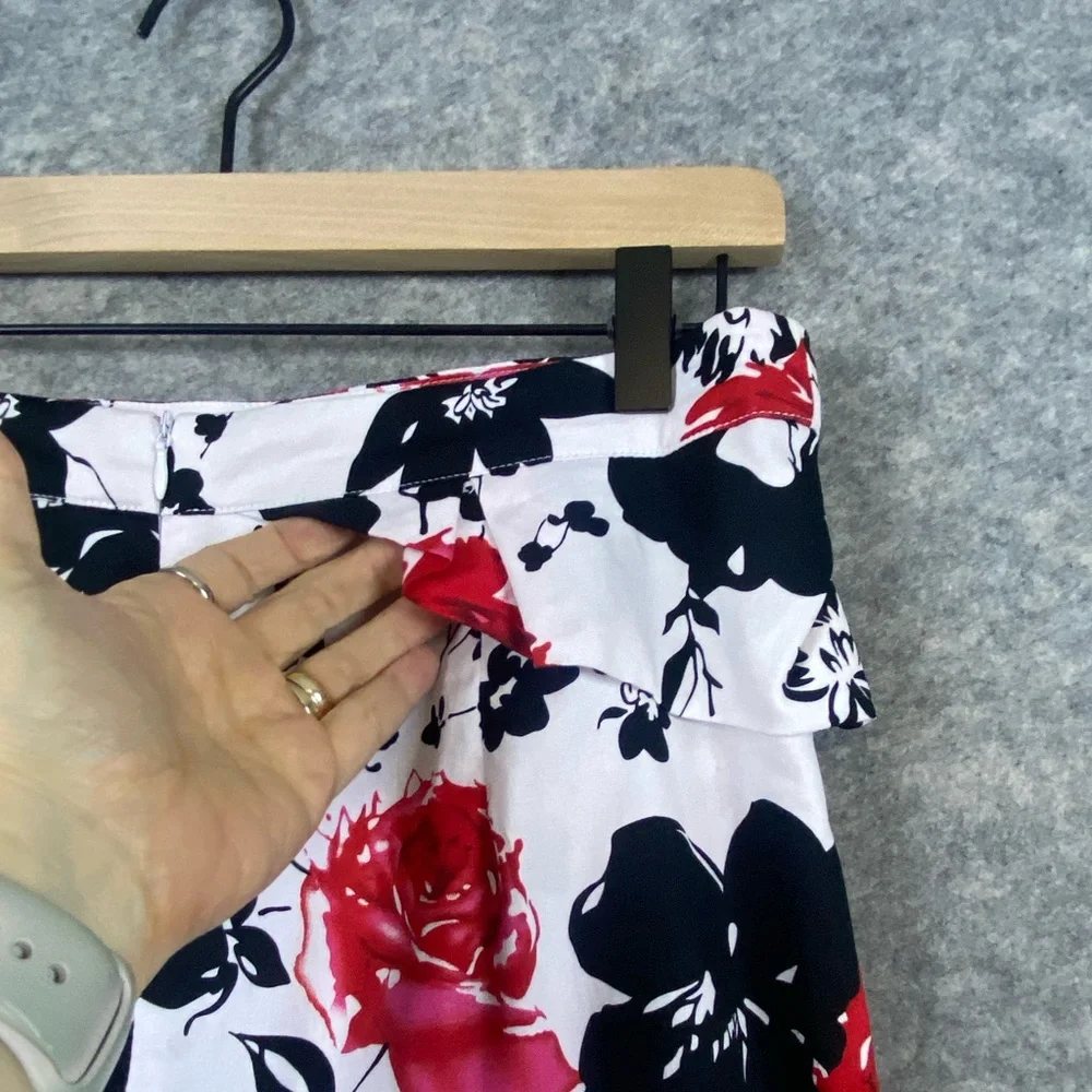 Grace Karin Pencil Skirt‎ Size Large Red Black White Floral Rose Ruffle Detail
